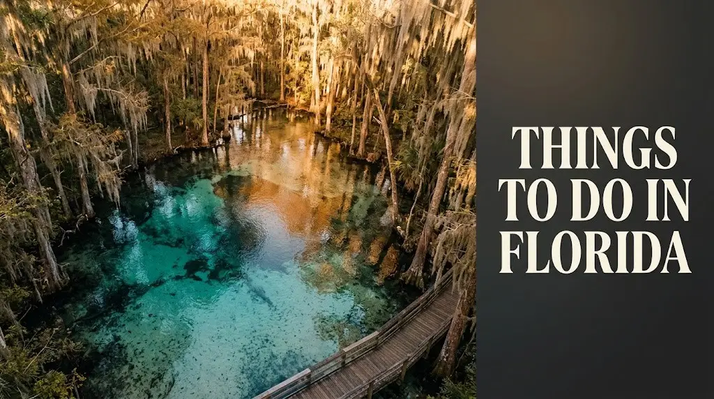 Aerial view of a crystal-clear Florida spring surrounded by cypress trees, with text overlay reading Things to Do in Florida