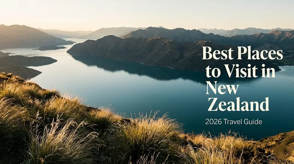 Best places to visit in New Zealand hero banner showing Lake Wakatipu and the Remarkables mountain range at golden hour.