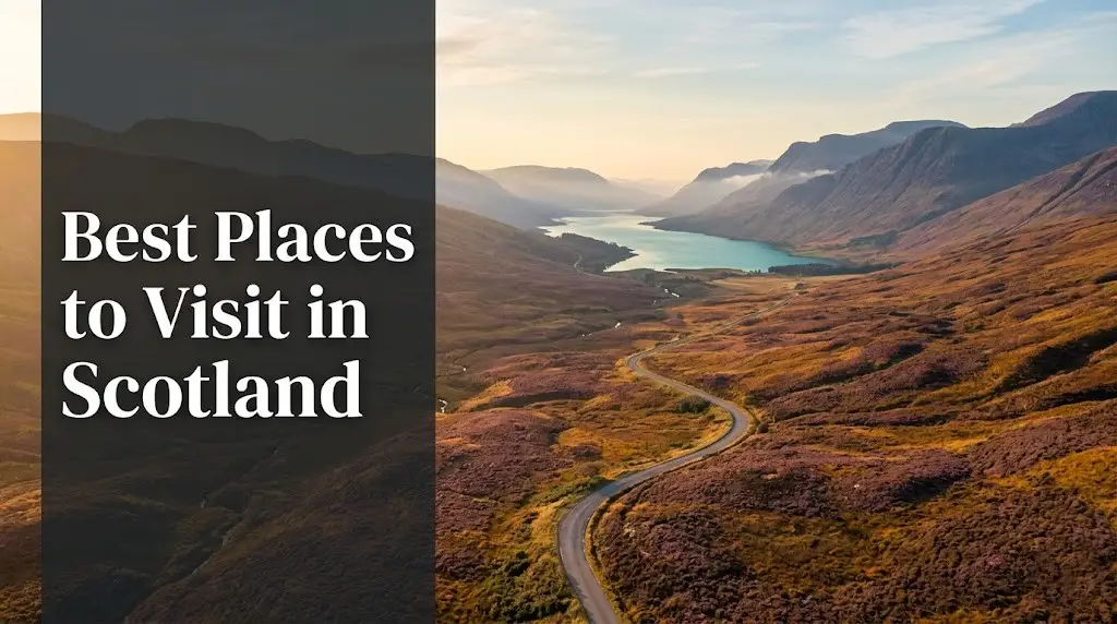 Best places to visit in Scotland guide hero image showing a Highland glen with a winding road and sea loch in autumn morning light.
