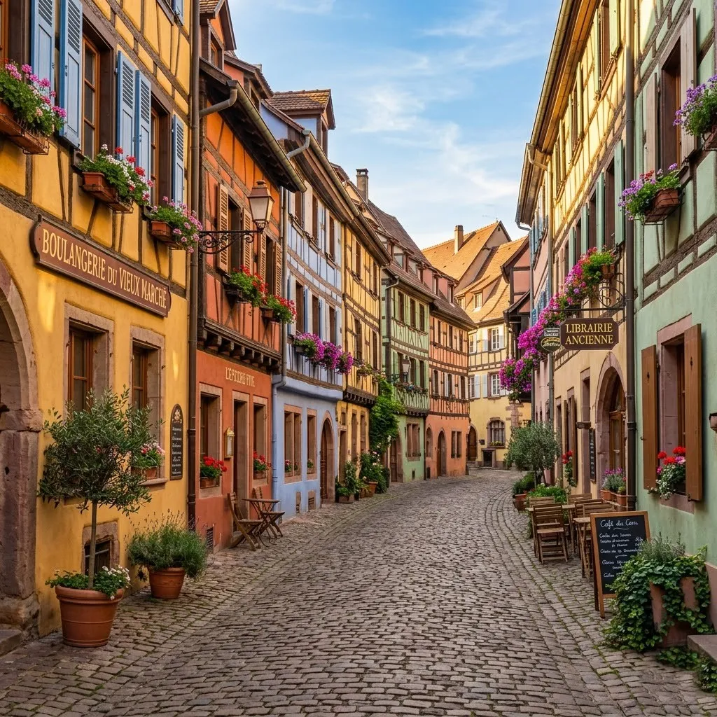 Charming European cobblestone street with colorful historic buildings