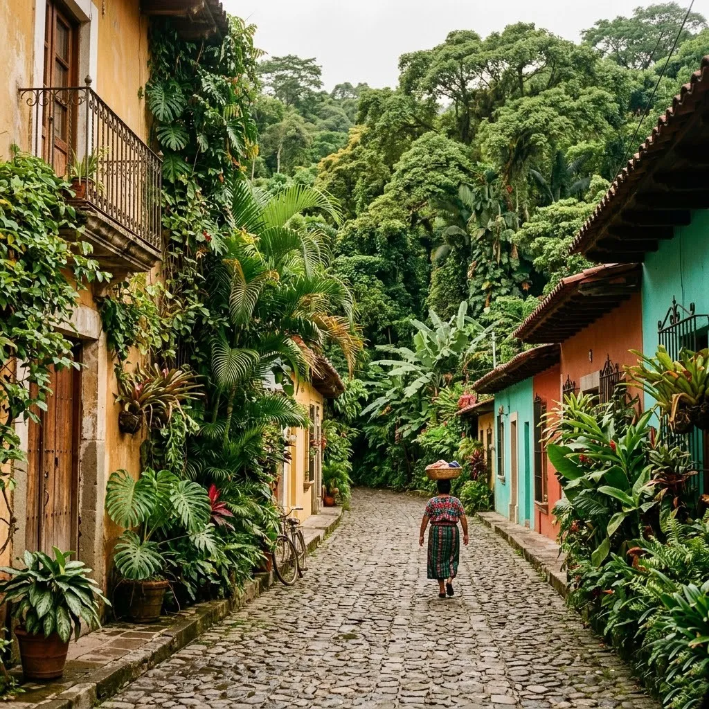 Lush Central American jungle or colonial city street
