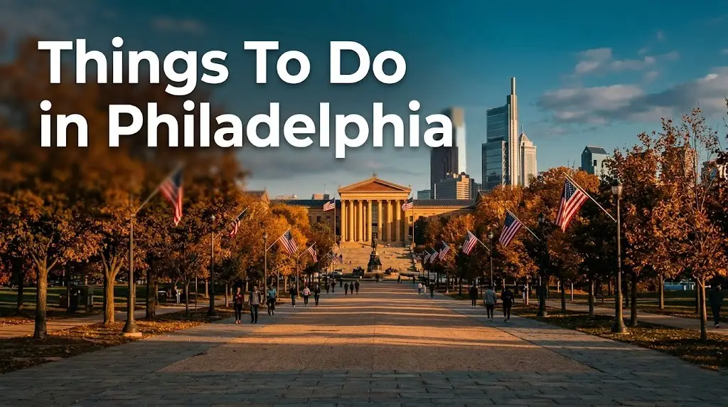 Things To Do in Philadelphia Benjamin Franklin Parkway at golden hour with Philadelphia Museum of Art in background
