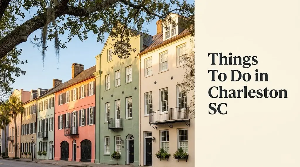 Things to do in Charleston SC guide featuring Rainbow Row pastel houses on East Bay Street at golden hour