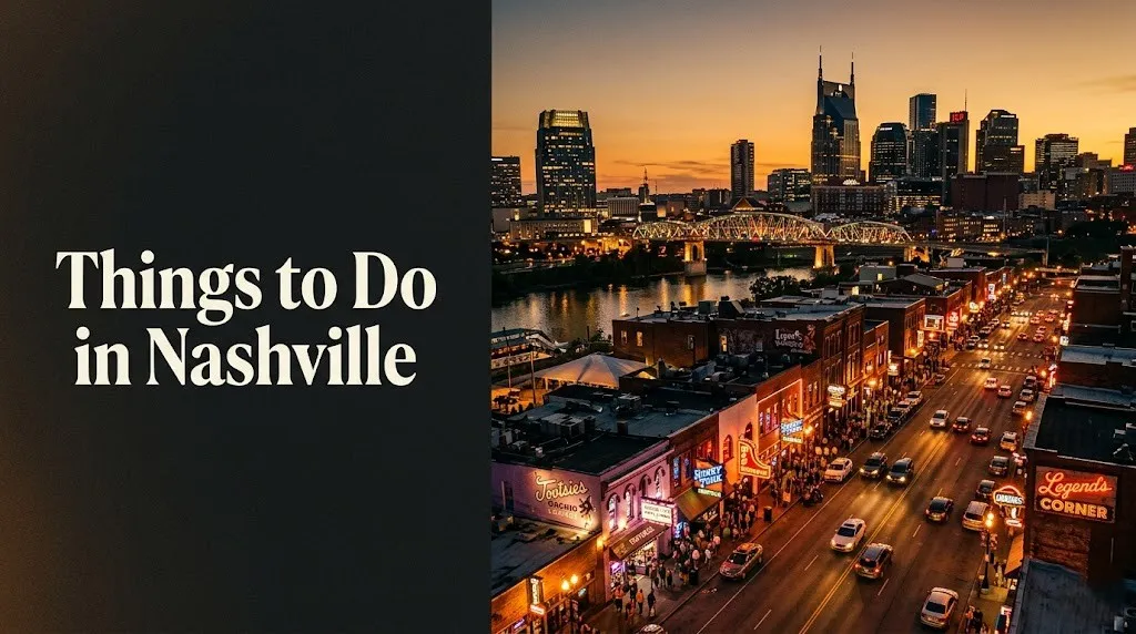 Things to do in Nashville aerial view of Broadway entertainment district at golden hour with city skyline