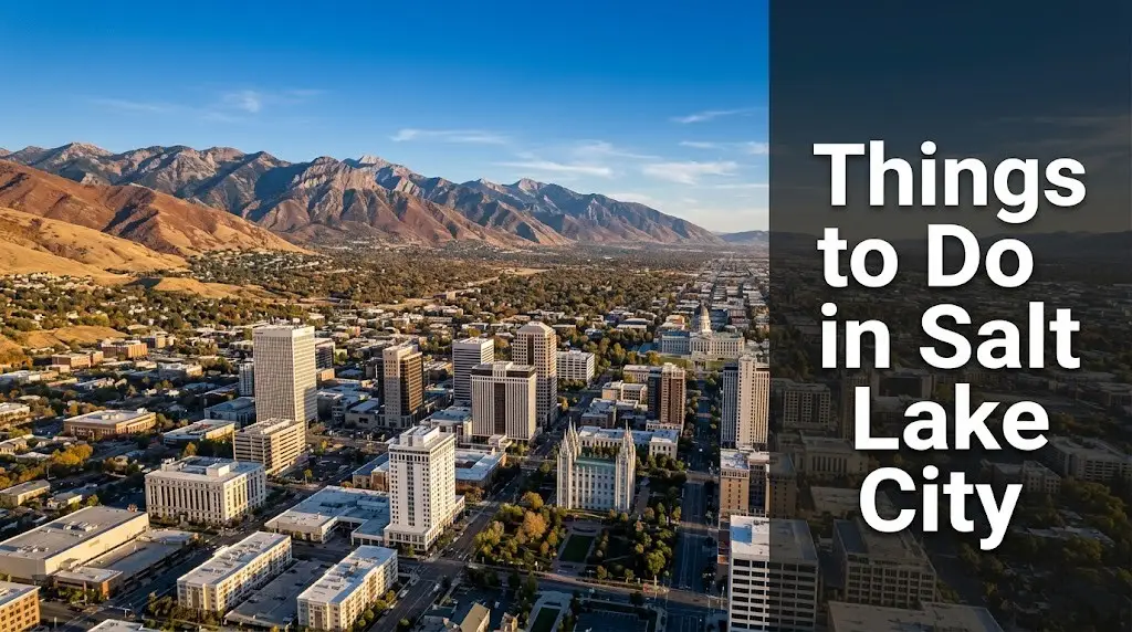 Things to do in Salt Lake City aerial view with Wasatch Range mountains rising behind the city grid under clear blue sky