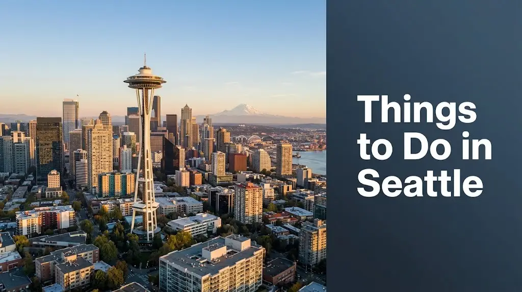 Things to do in Seattle guide showing the Space Needle and downtown Seattle skyline at golden hour from Kerry Park viewpoint.