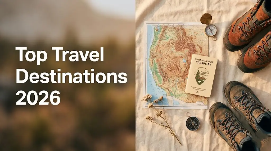 Top travel destinations 2026 editorial flat-lay with map, compass, and hiking boots on linen background
