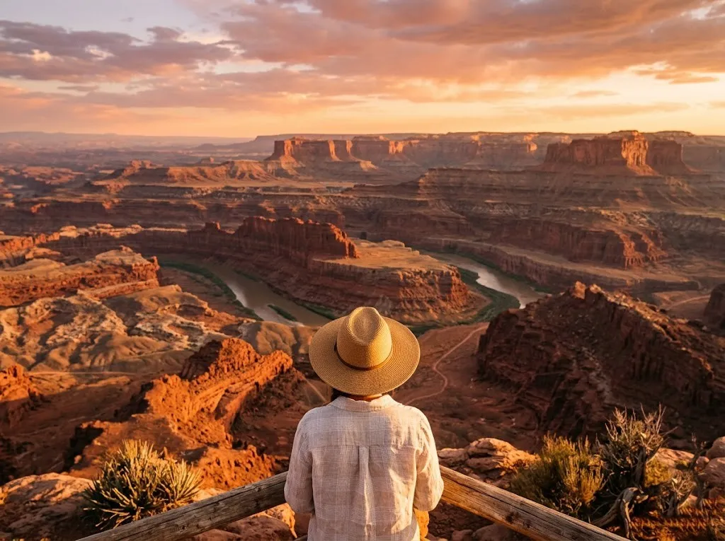 Traveler overlooking breathtaking Sedona Arizona red rock canyon landscape at sunset