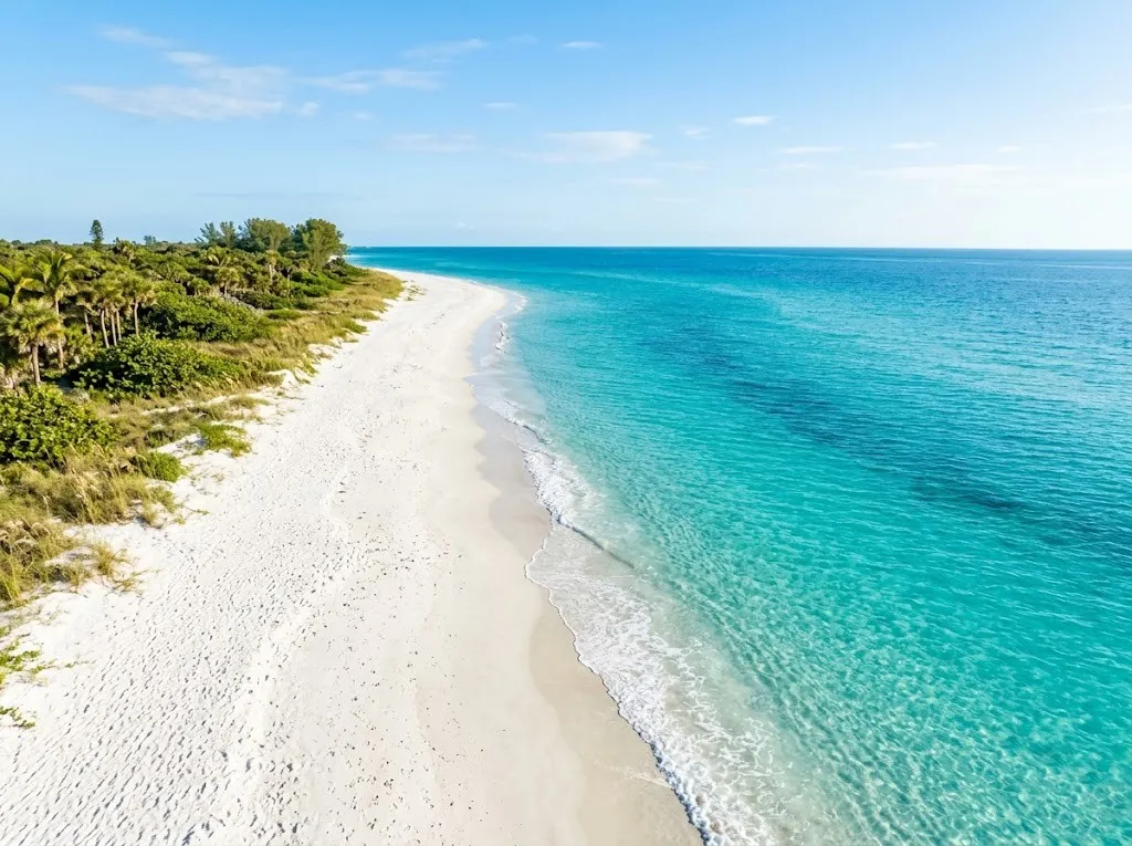 Turquoise Caribbean sea with white sand beach and palm tree