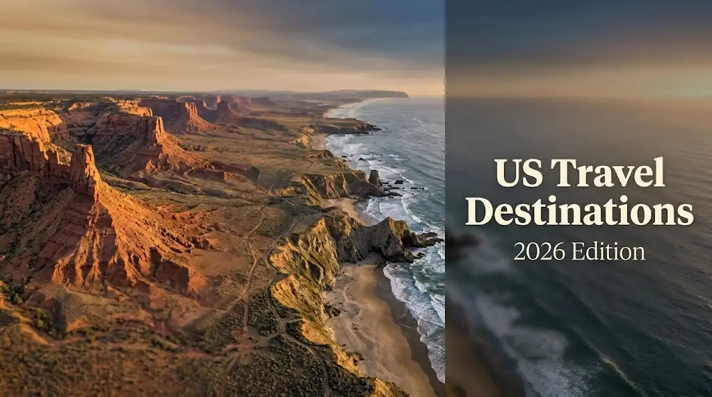 US travel destinations hero banner showing golden canyon and coastal landscape with editorial text overlay for 2026 travel guide