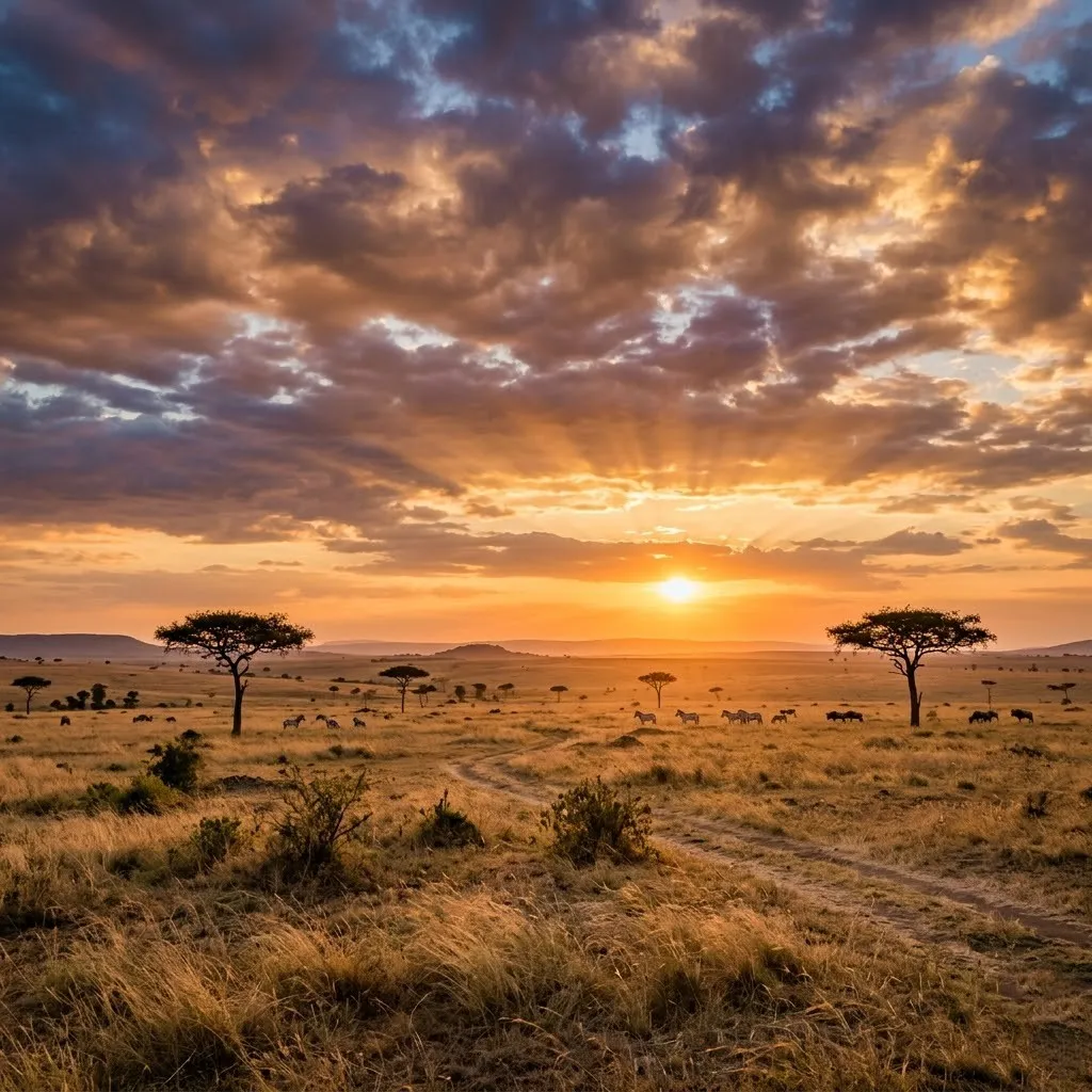 Wide open African savanna at golden hour