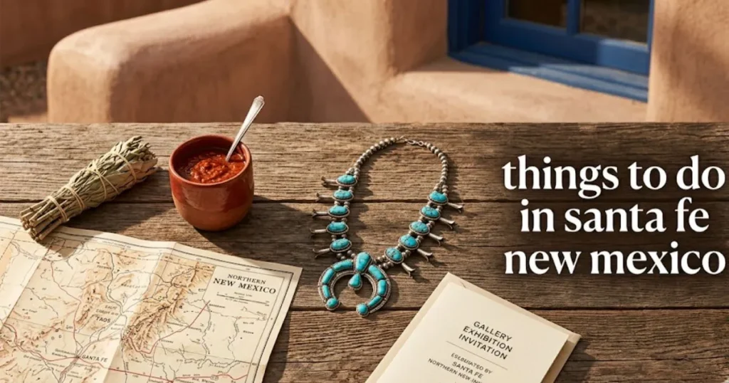 A flat lay of Santa Fe travel objects with a turquoise necklace and a cup of red chile on a rustic table.