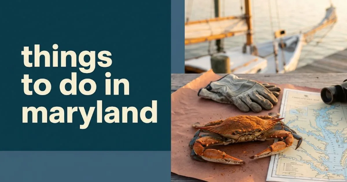 A flat lay of a steamed blue crab with Old Bay on a dock with sailing gear and Chesapeake Bay charts, with the text things to do in maryland.