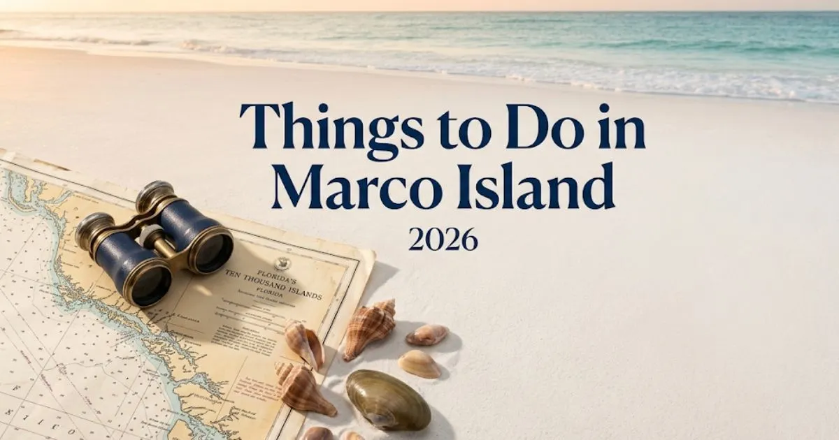 A flat-lay of shells and binoculars on Marco Island sand with the text Things to Do in Marco Island in navy blue.