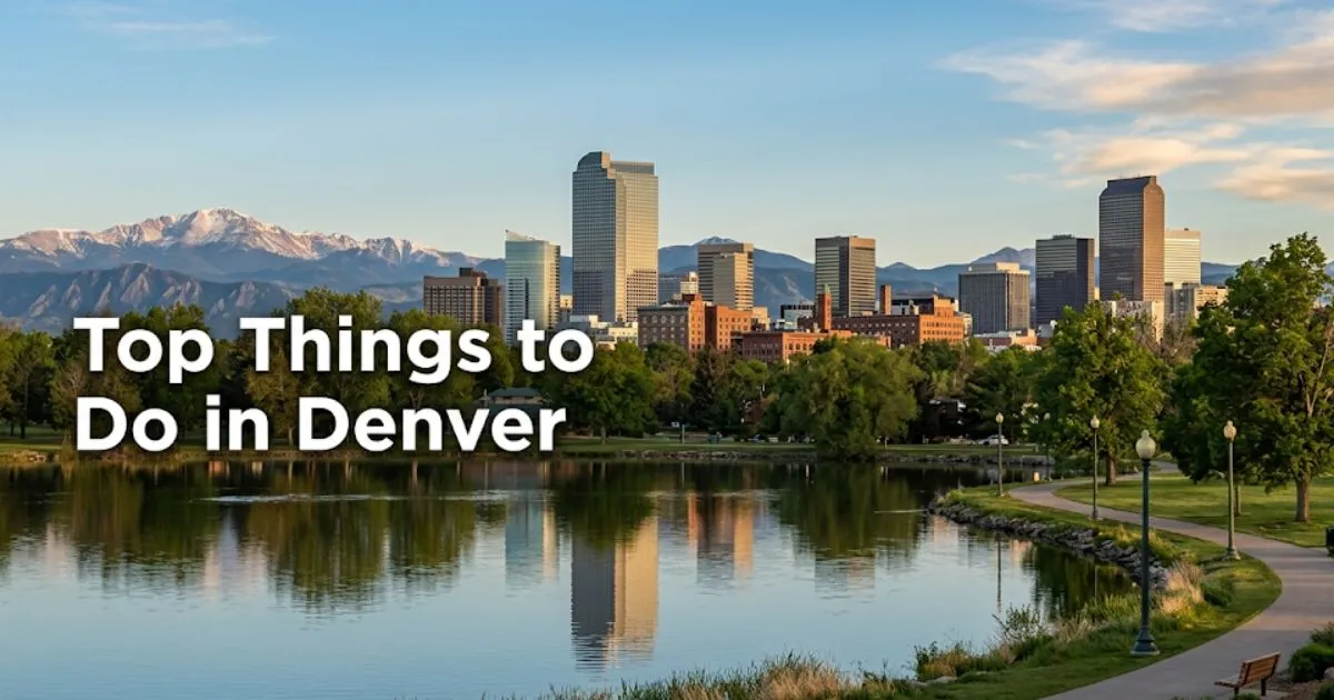 A golden hour Denver skyline panorama from City Park with the text Top Things to Do in Denver across the image.