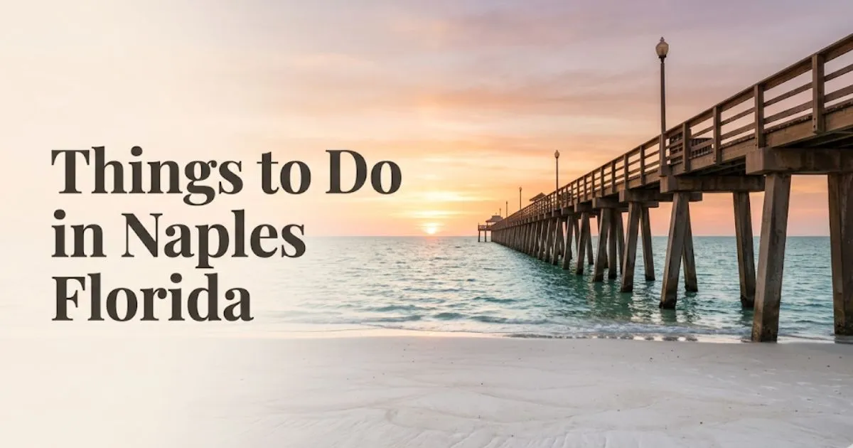 A golden hour editorial photo of the historic Naples Pier stretching into the calm Gulf of Mexico, serving as a hero image for a guide on things to do in Naples Florida.