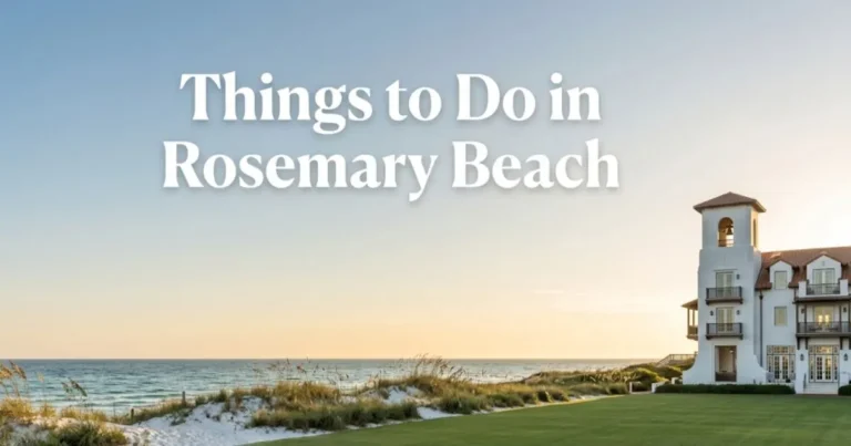 A golden-hour editorial photograph of the Western Green in Rosemary Beach with the Gulf of Mexico in the background, showcasing the best things to do in Rosemary Beach.