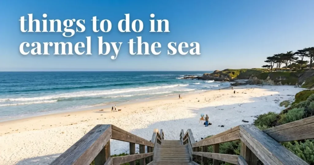A golden hour view of the Carmel Beach staircase leading to the white sand and deep blue Pacific Ocean, highlighting the best things to do in Carmel by the Sea.