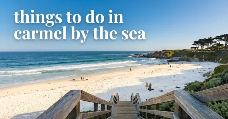 A golden hour view of the Carmel Beach staircase leading to the white sand and deep blue Pacific Ocean, highlighting the best things to do in Carmel by the Sea.