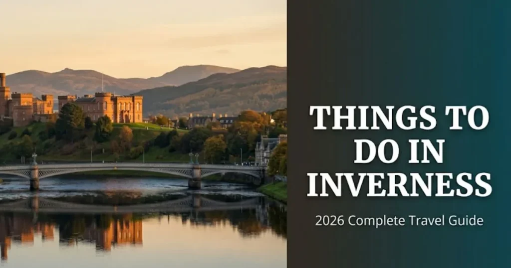 A golden-hour view of the River Ness and Inverness Castle with editorial text overlay reading Things to Do in Inverness