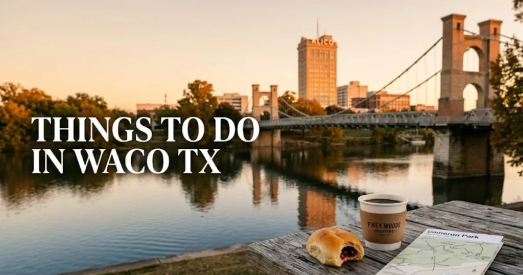 A golden-hour view of the Waco Suspension Bridge and Brazos River with a coffee and trail map setup, showcasing things to do in waco tx.