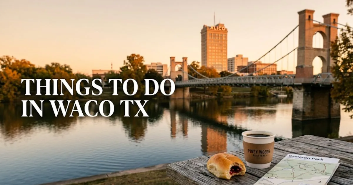 A golden-hour view of the Waco Suspension Bridge and Brazos River with a coffee and trail map setup, showcasing things to do in waco tx.