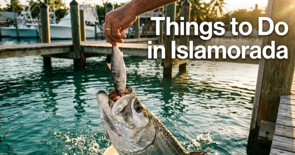 A hand feeds a tarpon at Robbie's Marina in Islamorada, Florida with text overlay listing things to do in Islamorada.