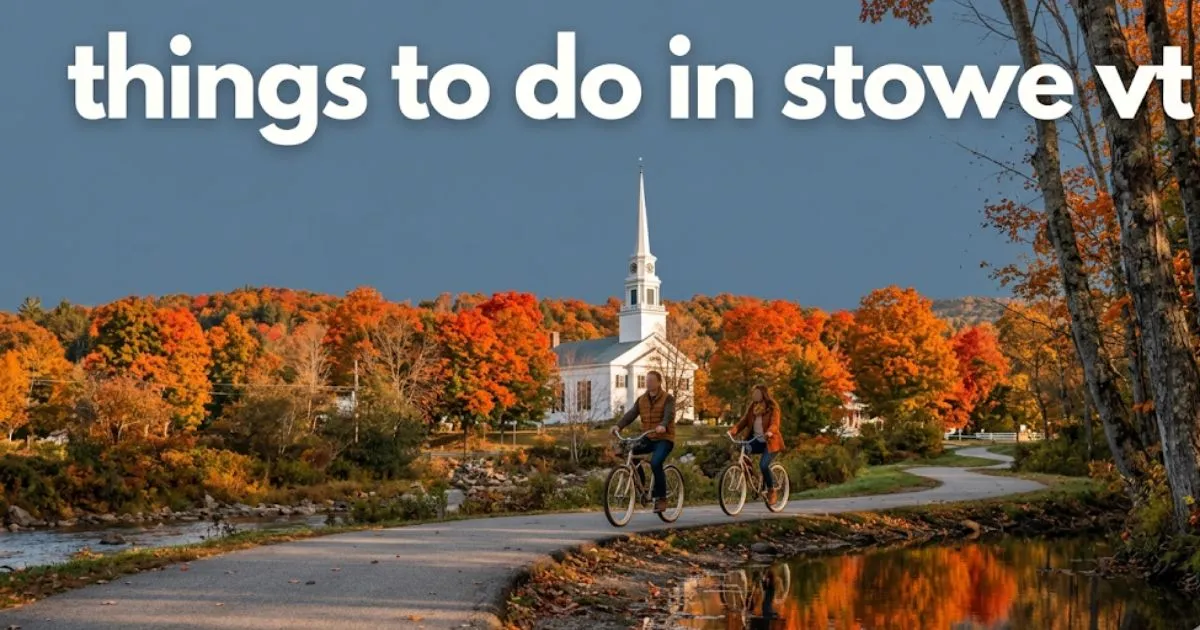 A scenic autumn view of the Stowe Recreation Path with mountain bikers, displaying the text things to do in stowe vt.