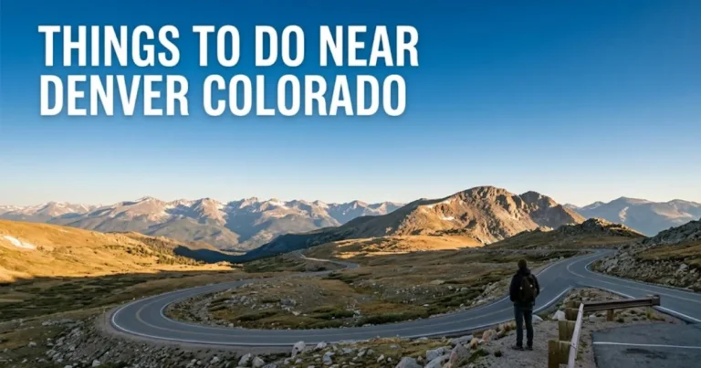 A scenic byway winding above treeline with bold text “things to do near denver colorado” in the sky.