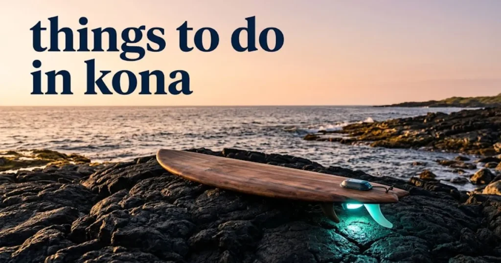 A surfboard on lava rock at sunset with text reading things to do in Kona, Hawaii.