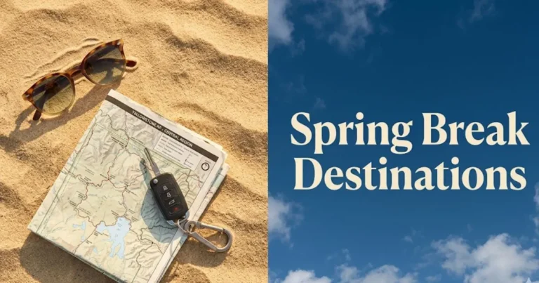 A travel planning flat-lay with a map and sunglasses on sand beneath a headline reading Spring Break Destinations for a 2026 travel guide.