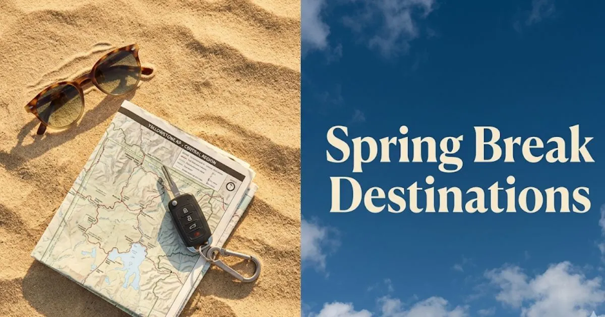 A travel planning flat-lay with a map and sunglasses on sand beneath a headline reading Spring Break Destinations for a 2026 travel guide.