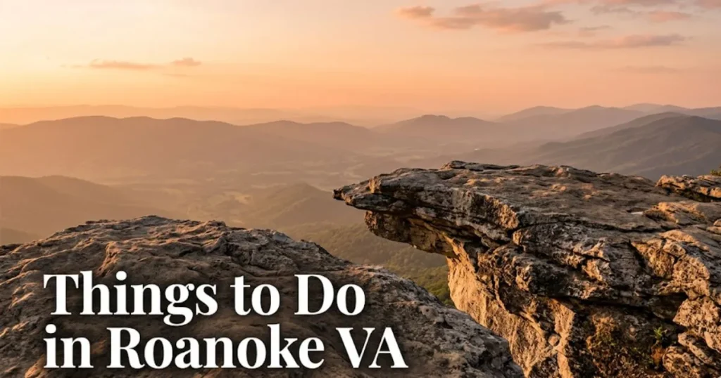 A traveler standing on the iconic McAfee Knob ledge overlooking the Blue Ridge Mountains, showcasing the best things to do in Roanoke VA.