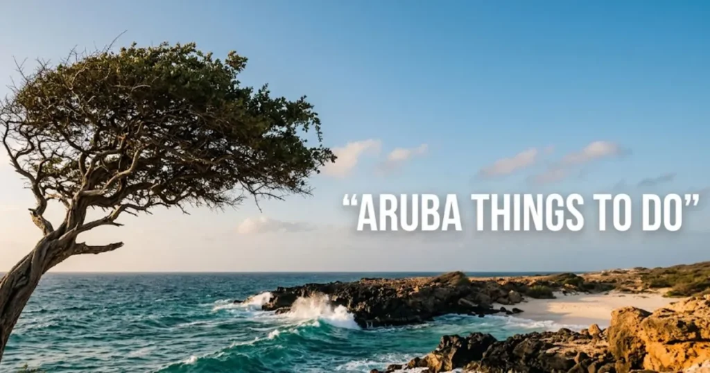 A windswept divi-divi tree frames a turquoise bay on Aruba’s rugged north coast, with the bold text headline 'Aruba Things to Do' in the sky.