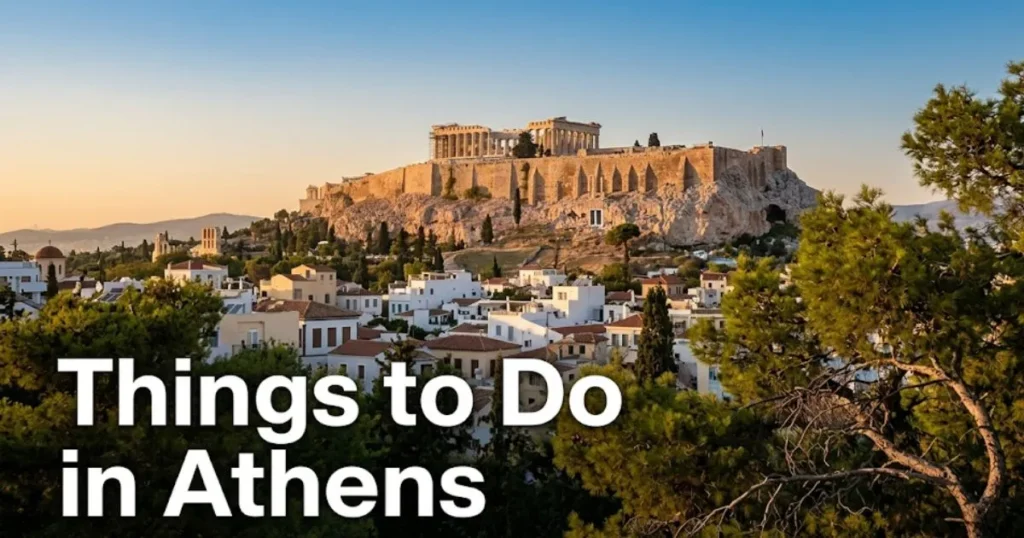 Acropolis of Athens at golden hour viewed from Filopappou Hill with Plaka neighborhood below, editorial travel hero for things to do in Athens Greece guide 2026.