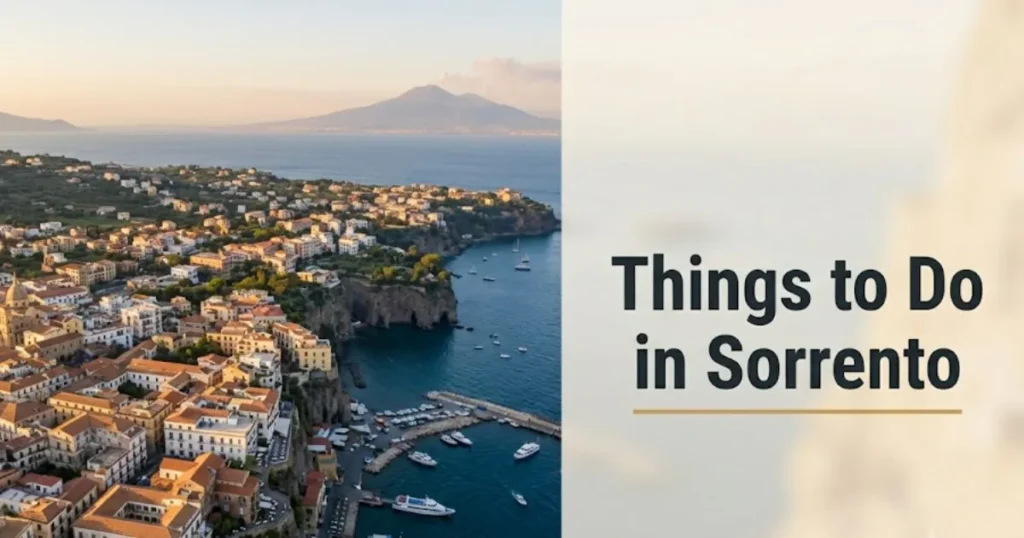 Aerial clifftop view of Sorrento Italy above the Gulf of Naples with text overlay reading Things to Do in Sorrento