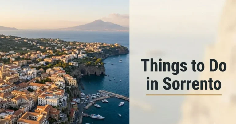 Aerial clifftop view of Sorrento Italy above the Gulf of Naples with text overlay reading Things to Do in Sorrento