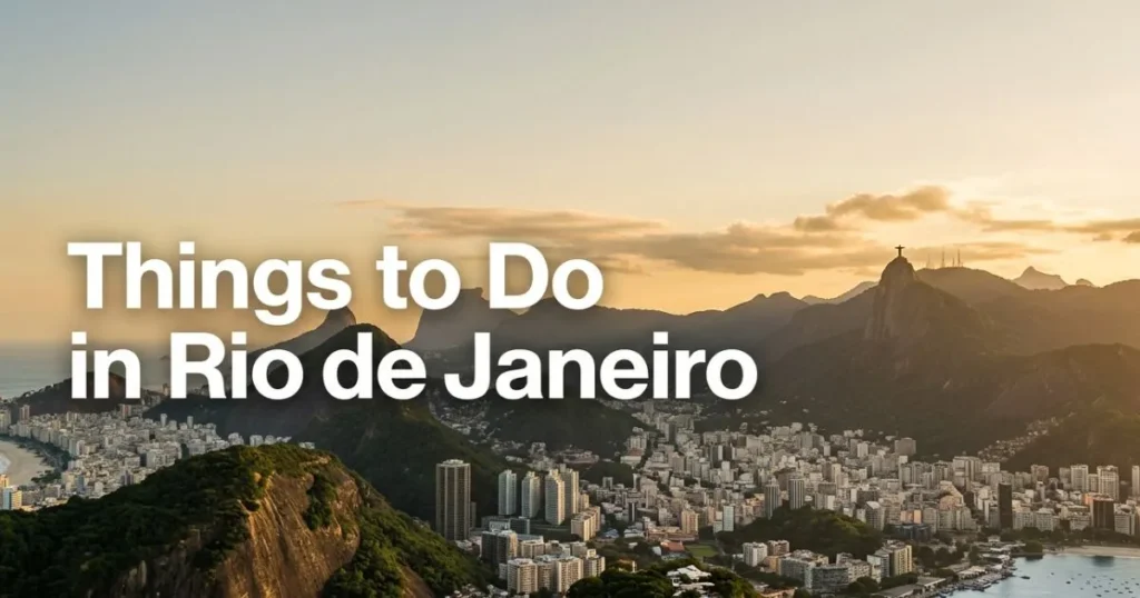 Aerial golden hour view from Sugarloaf Mountain overlooking Rio de Janeiro with Christ the Redeemer visible, featuring a things to do in Rio de Janeiro travel guide headline overlay.