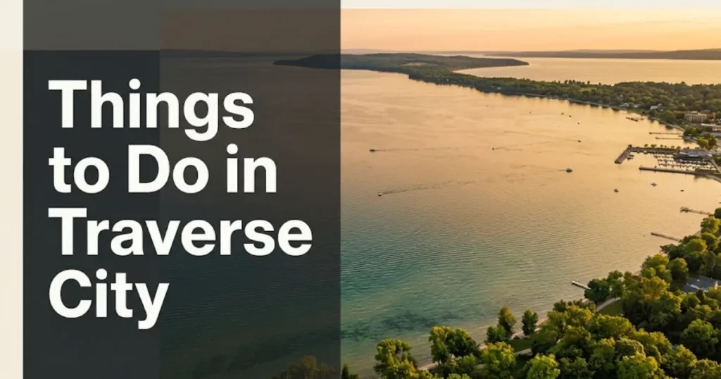 Aerial golden-hour view of Grand Traverse Bay waterfront with overlay text reading things to do in traverse city Michigan