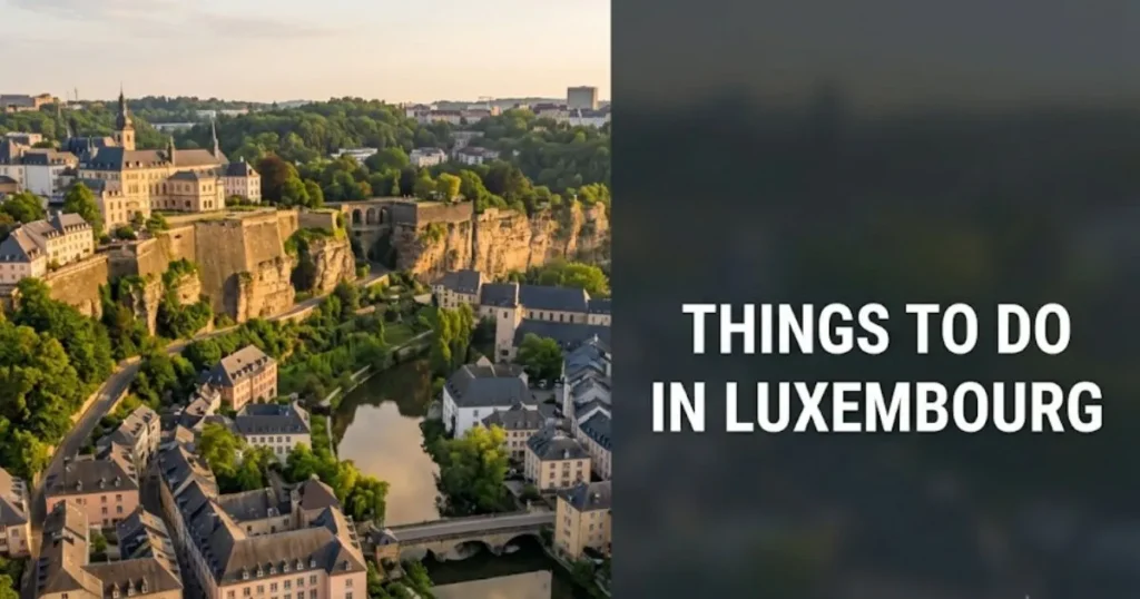 Aerial golden-hour view of Luxembourg City's Alzette valley and Grund district, captioned Things to Do in Luxembourg