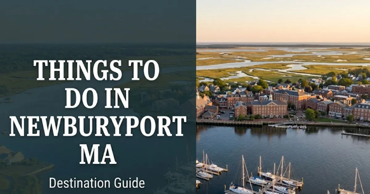 Aerial golden-hour view of Newburyport MA waterfront and Merrimack River with text Things to Do in Newburyport MA