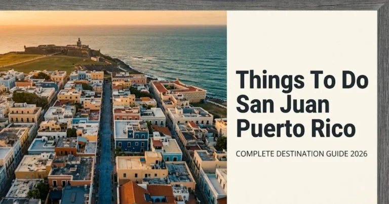 Aerial golden-hour view of Old San Juan Puerto Rico with text overlay reading things to do san juan puerto rico