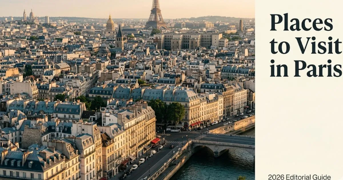 Aerial golden-hour view of Paris rooftops and the Eiffel Tower with editorial headline Places to Visit in Paris
