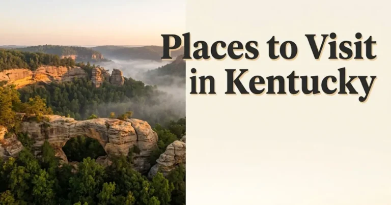 Aerial golden-hour view of Red River Gorge sandstone arches in Kentucky with bold text overlay reading Places to Visit in Kentucky