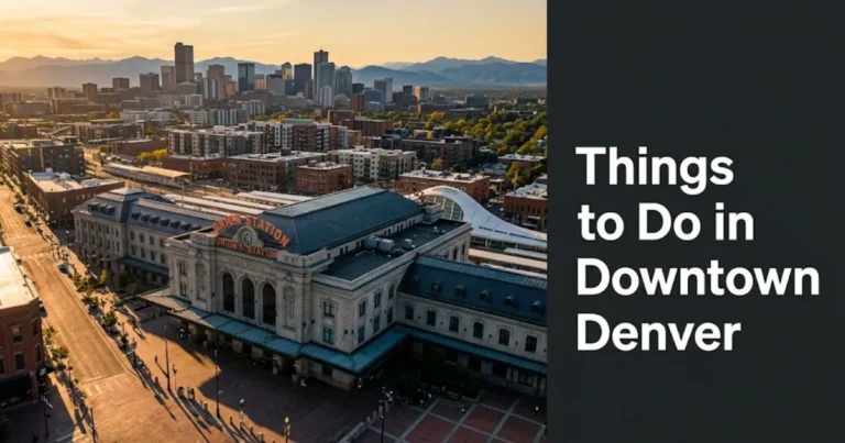 Aerial golden-hour view of downtown Denver LoDo district with Rocky Mountains in background, text overlay things to do in downtown denver