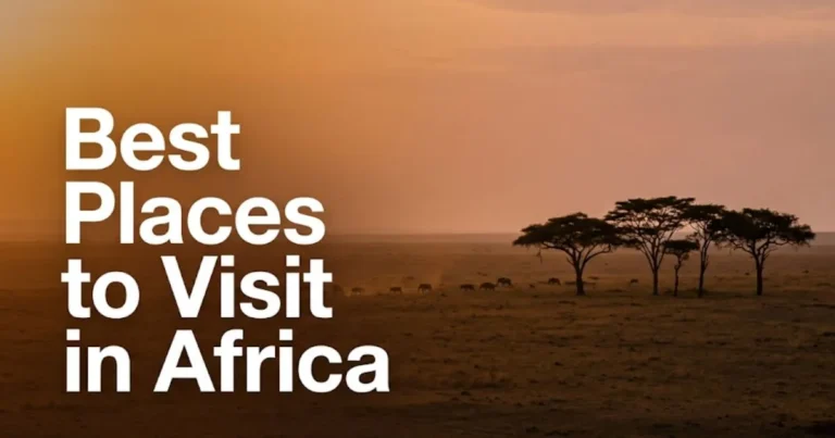 Aerial savanna landscape at golden hour with acacia trees and wildlife silhouettes, headlined Best Places to Visit in Africa