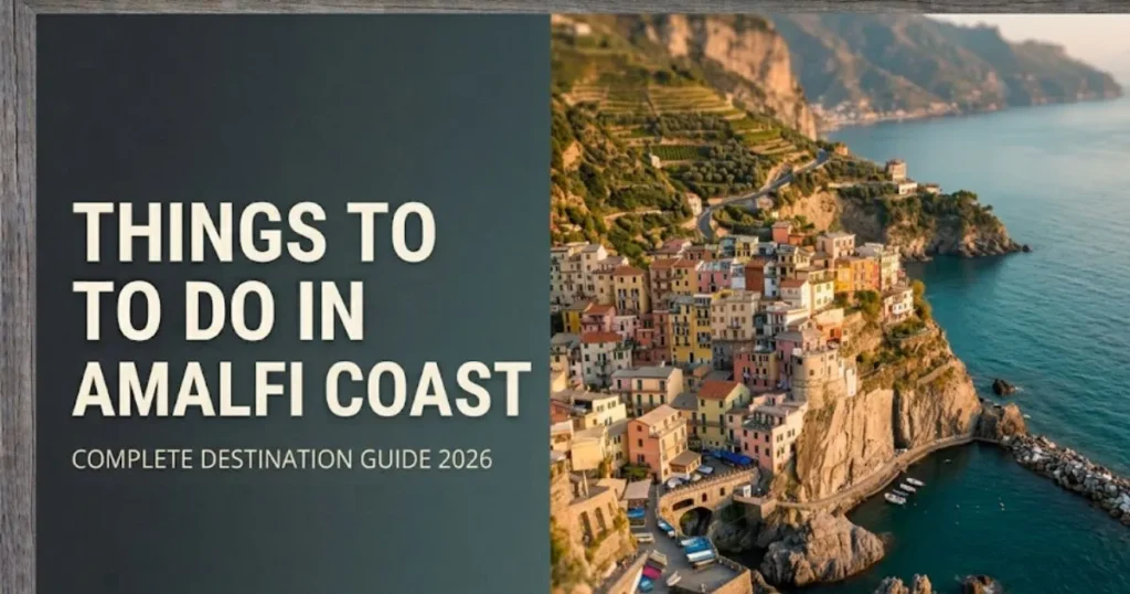 Aerial view of Amalfi Coast clifftop villages above the Tyrrhenian Sea with Things To Do In Amalfi Coast travel guide headline text overlay.