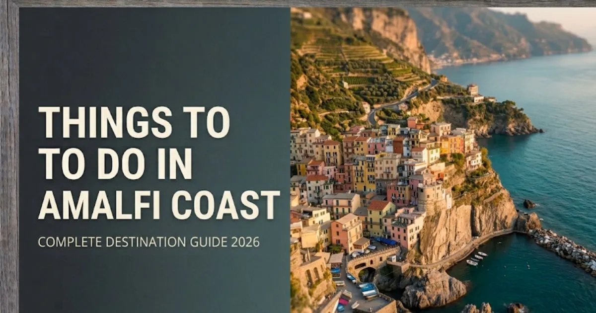 Aerial view of Amalfi Coast clifftop villages above the Tyrrhenian Sea with Things To Do In Amalfi Coast travel guide headline text overlay.