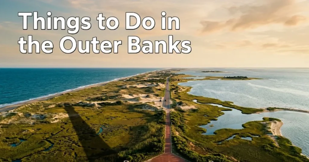 Aerial view of Bodie Island Lighthouse shadow over salt marsh with text Things to Do in the Outer Banks on a 2026 travel guide.