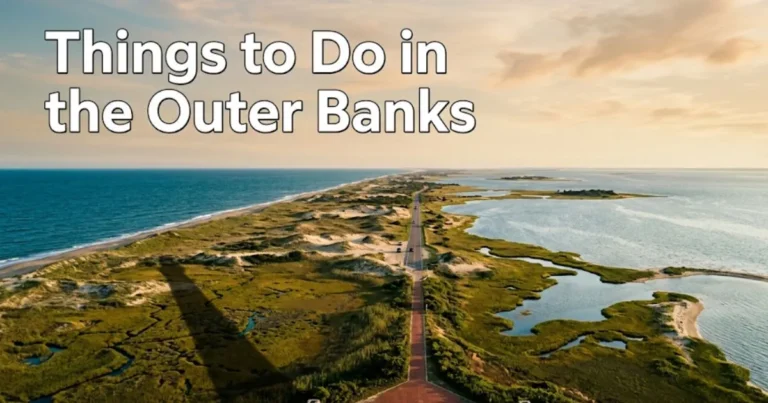 Aerial view of Bodie Island Lighthouse shadow over salt marsh with text Things to Do in the Outer Banks on a 2026 travel guide.